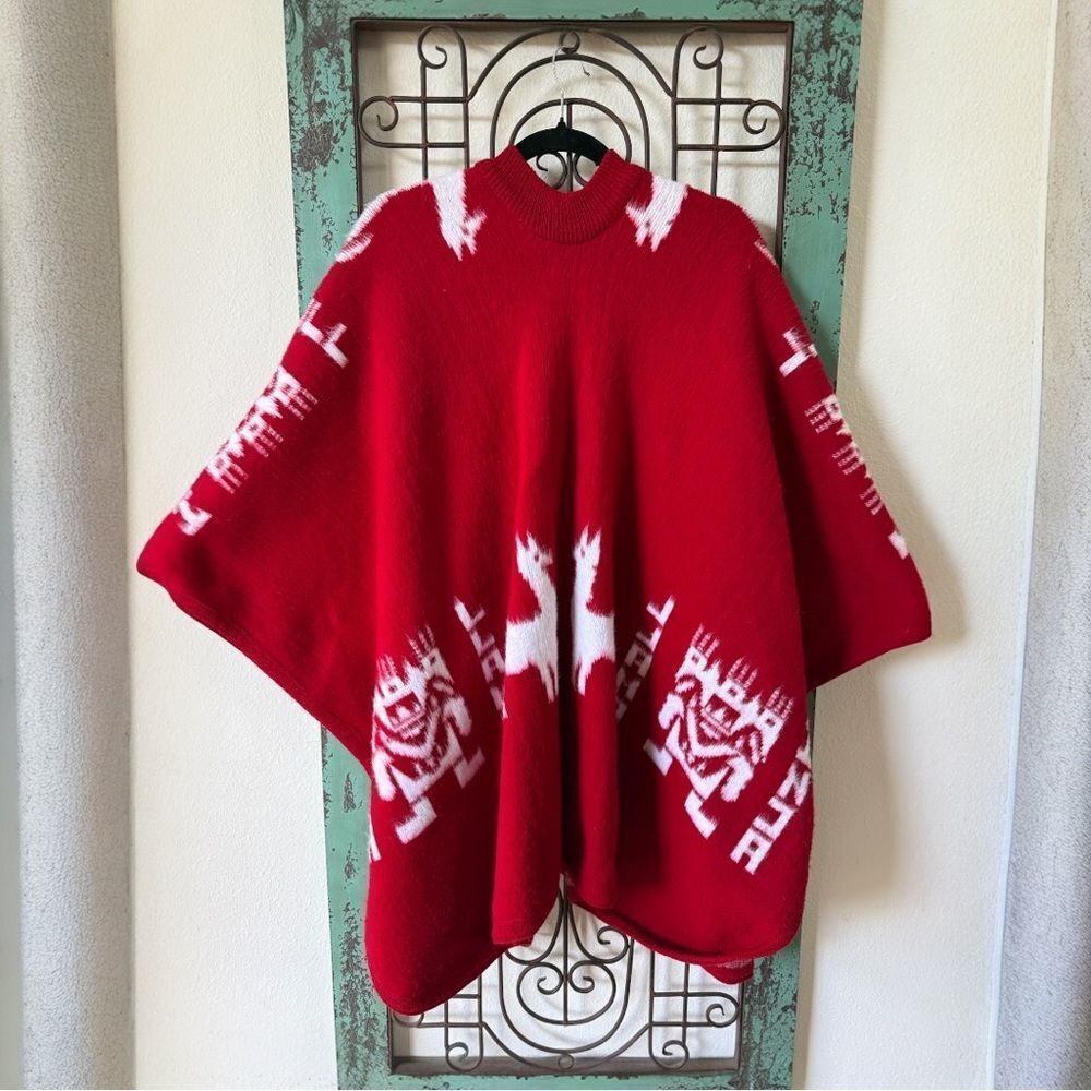 Red Knit Andean / Peruvian alpaca-style poncho Poncho with White Llama Pattern